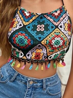 Boho Multicolor Crochet-Print Tassel Crop Top